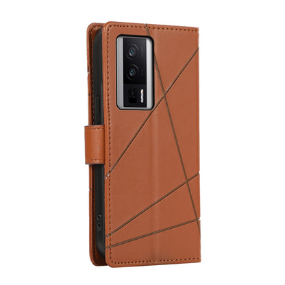 Xiaomi Redmi K60 Genuine Leather Texture Embossed Line Phone Case with Card Wallet & Kickstand