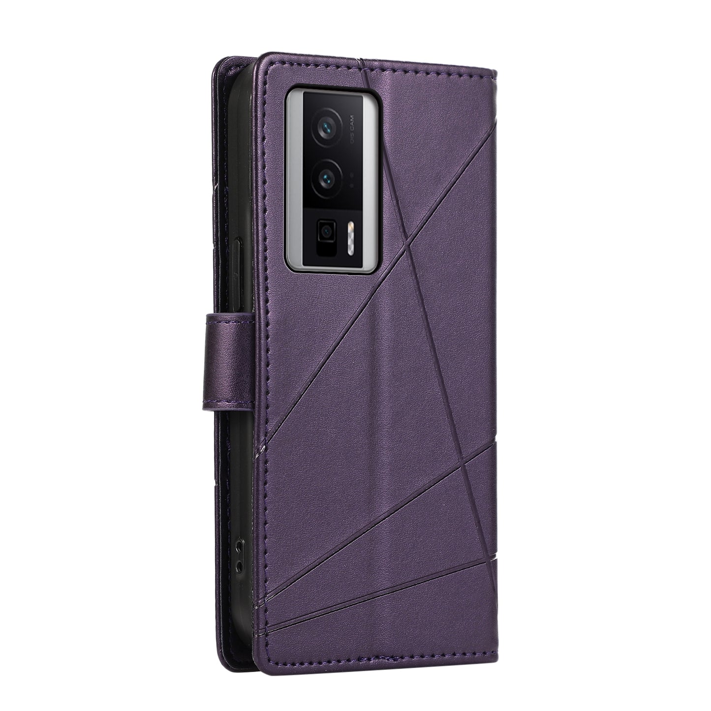 Xiaomi Redmi K60 Genuine Leather Texture Embossed Line Phone Case with Card Wallet & Kickstand