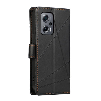 Xiaomi Redmi Note 11T Pro Genuine Leather Texture Embossed Line Phone Case with Card Wallet & Kickstand