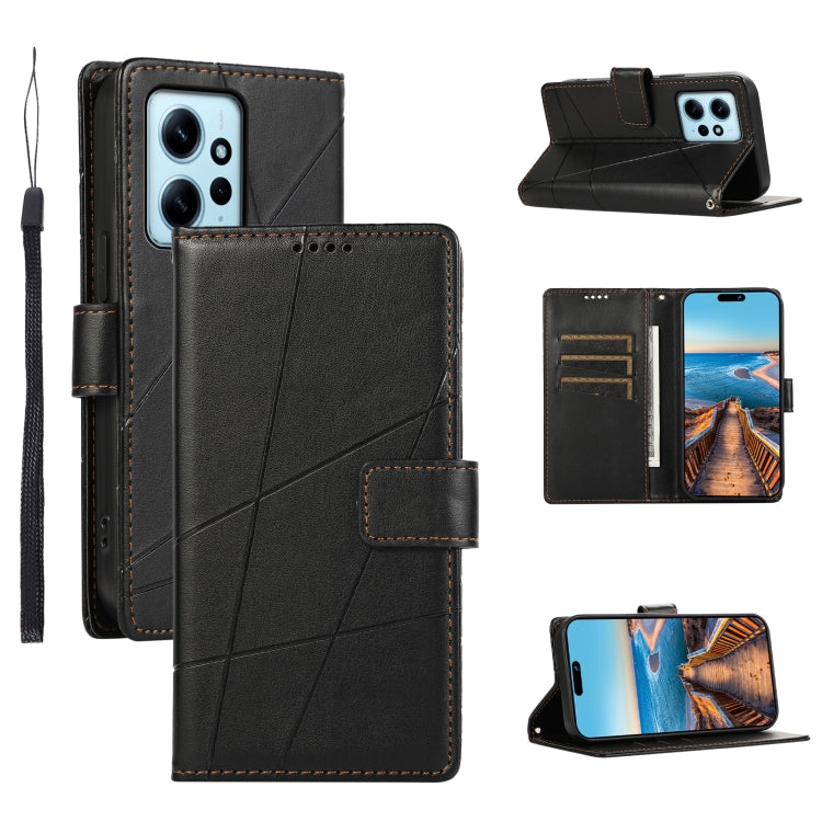 Xiaomi Redmi Note 12 4g Genuine Leather Texture Embossed Line Phone Case with Card Wallet & Kickstand