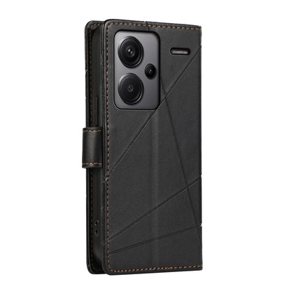 Xiaomi Redmi Note 13 Pro+ Genuine Leather Texture Embossed Line Phone Case with Card Wallet & Kickstand