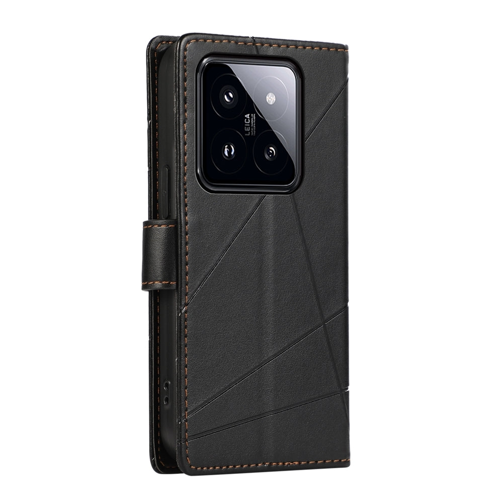 Xiaomi 14 Pro Genuine Leather Texture Embossed Line Phone Case with Card Wallet & Kickstand