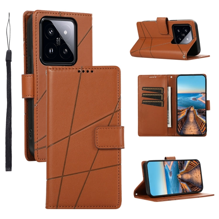 Xiaomi 14 Pro Genuine Leather Texture Embossed Line Phone Case with Card Wallet & Kickstand