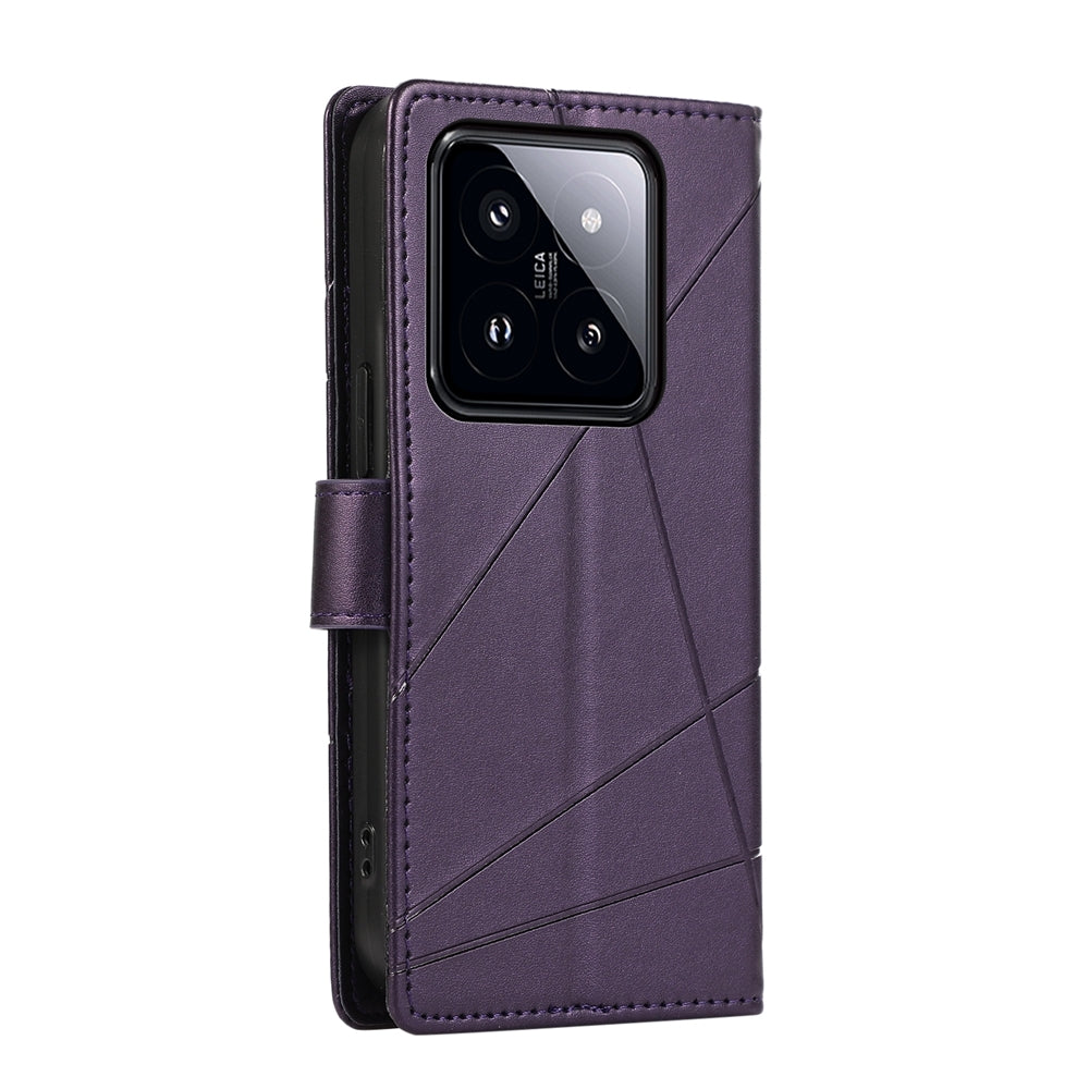 Xiaomi 14 Pro Genuine Leather Texture Embossed Line Phone Case with Card Wallet & Kickstand