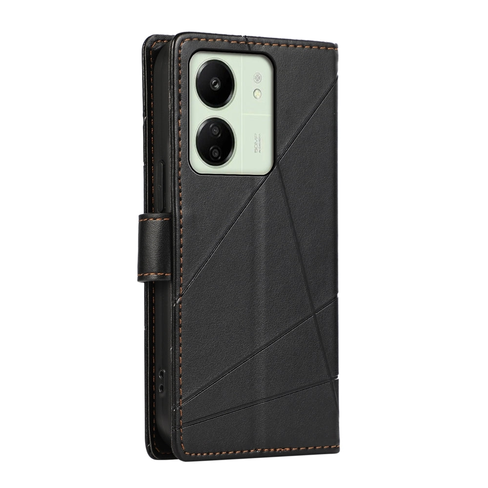 Xiaomi Redmi 13C Genuine Leather Texture Embossed Line Phone Case with Card Wallet & Kickstand