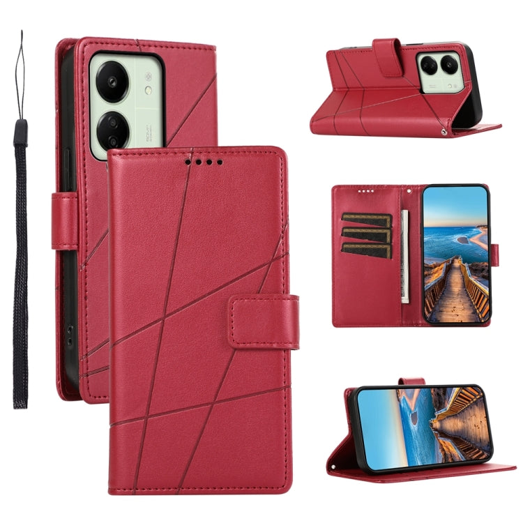 Xiaomi Redmi 13C Genuine Leather Texture Embossed Line Phone Case with Card Wallet & Kickstand