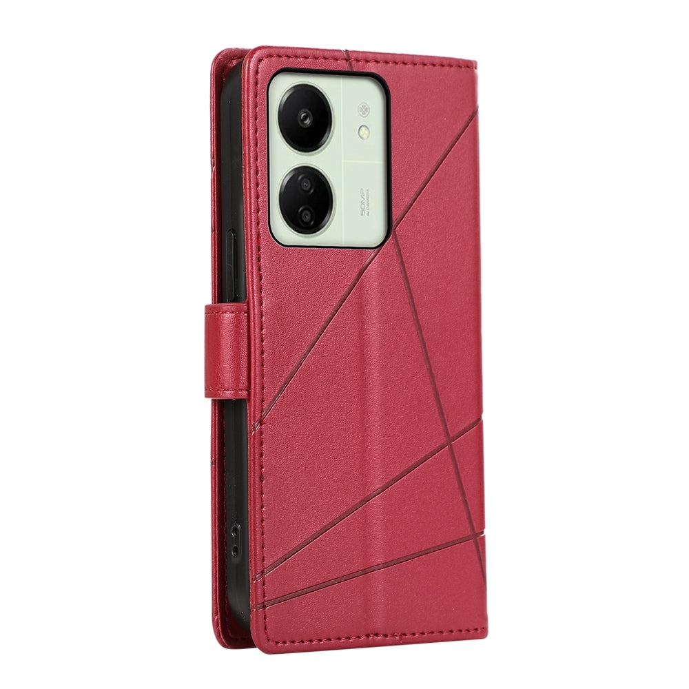 Xiaomi Redmi 13C Genuine Leather Texture Embossed Line Phone Case with Card Wallet & Kickstand