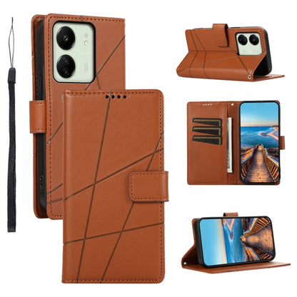 Xiaomi Redmi 13C Genuine Leather Texture Embossed Line Phone Case with Card Wallet & Kickstand