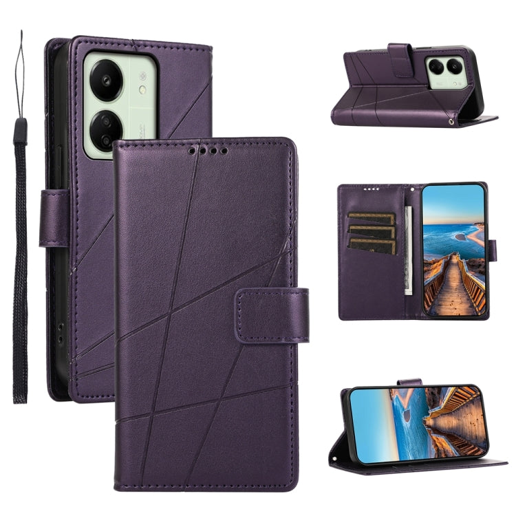 Xiaomi Redmi 13C Genuine Leather Texture Embossed Line Phone Case with Card Wallet & Kickstand