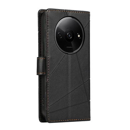 Xiaomi Redmi A3 Genuine Leather Texture Embossed Line Phone Case with Card Wallet & Kickstand