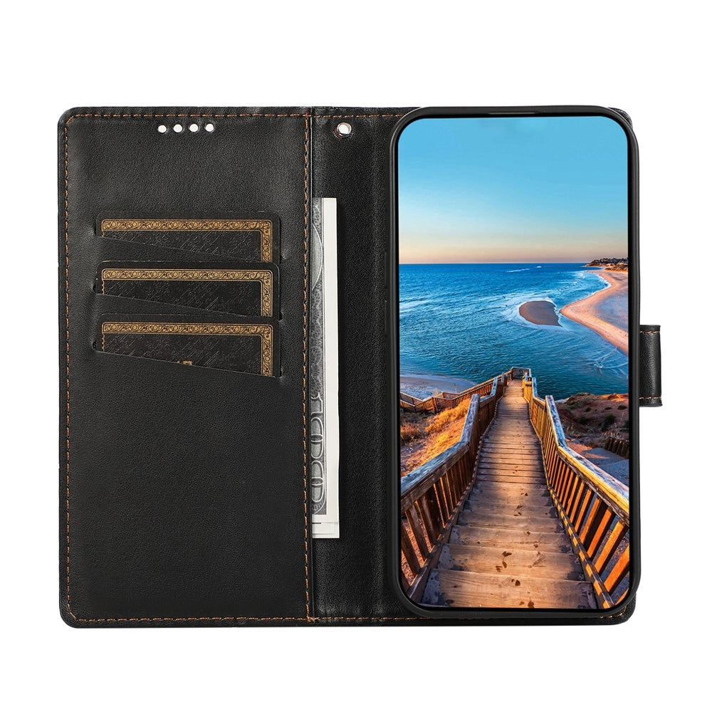 Xiaomi Redmi A3 Genuine Leather Texture Embossed Line Phone Case with Card Wallet & Kickstand