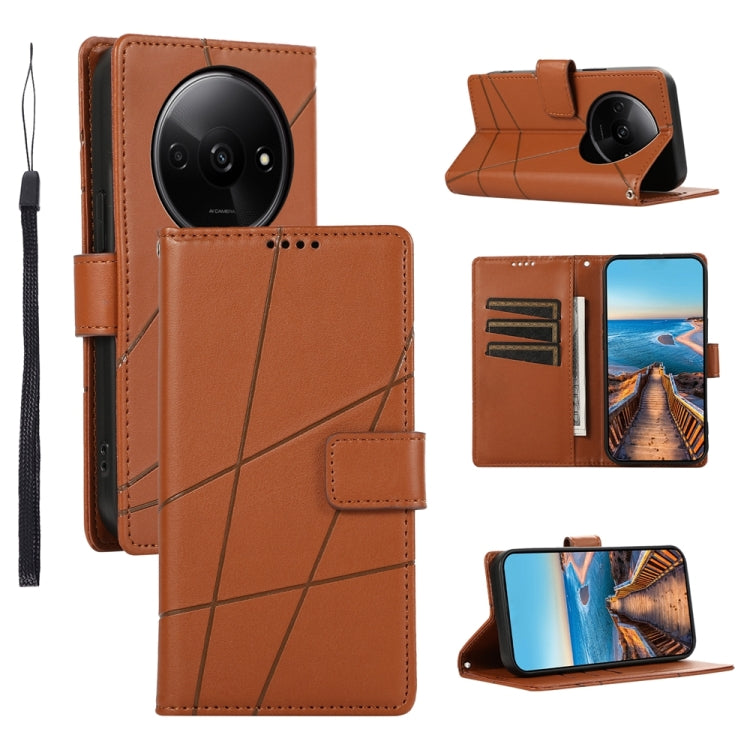 Xiaomi Redmi A3 Genuine Leather Texture Embossed Line Phone Case with Card Wallet & Kickstand