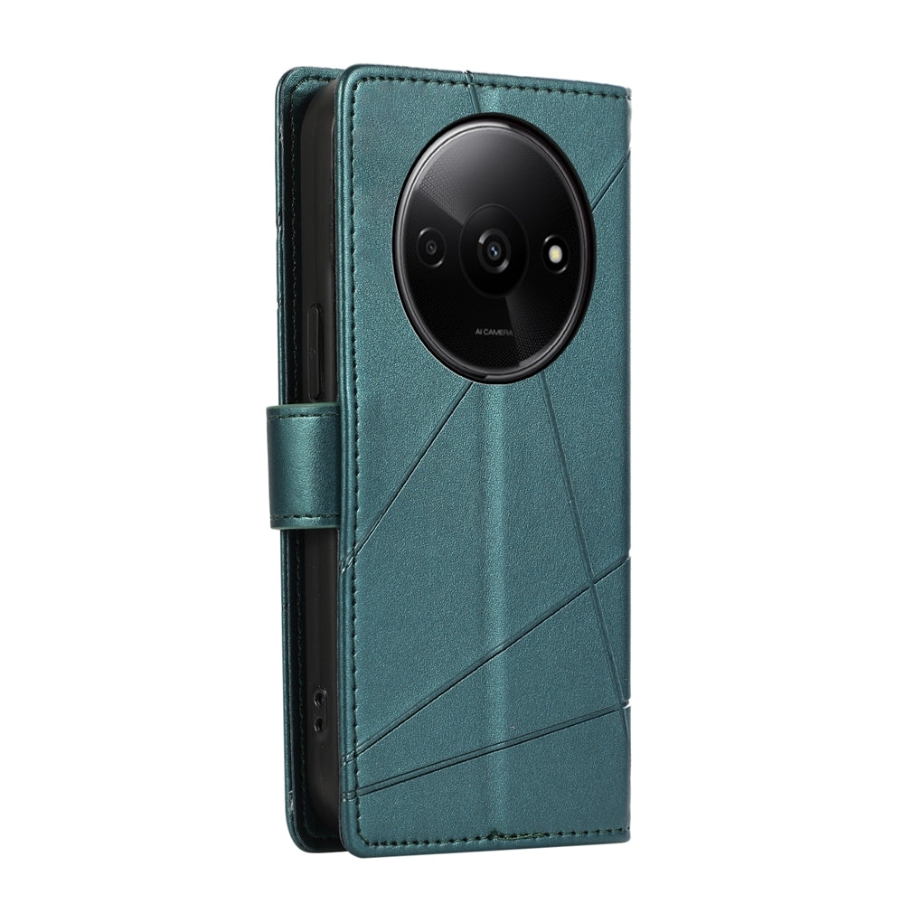 Xiaomi Redmi A3 Genuine Leather Texture Embossed Line Phone Case with Card Wallet & Kickstand