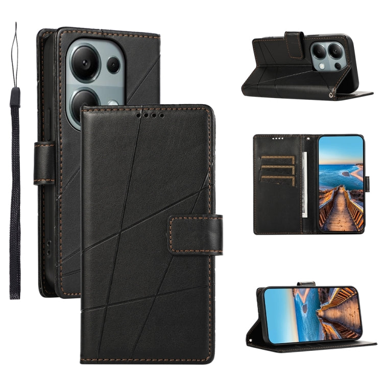 Xiaomi Redmi Note 13 Pro 4g Genuine Leather Texture Embossed Line Phone Case with Card Wallet & Kickstand