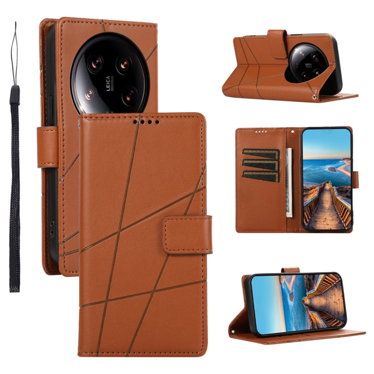 Xiaomi 14 Ultra Genuine Leather Texture Embossed Line Phone Case with Card Wallet & Kickstand