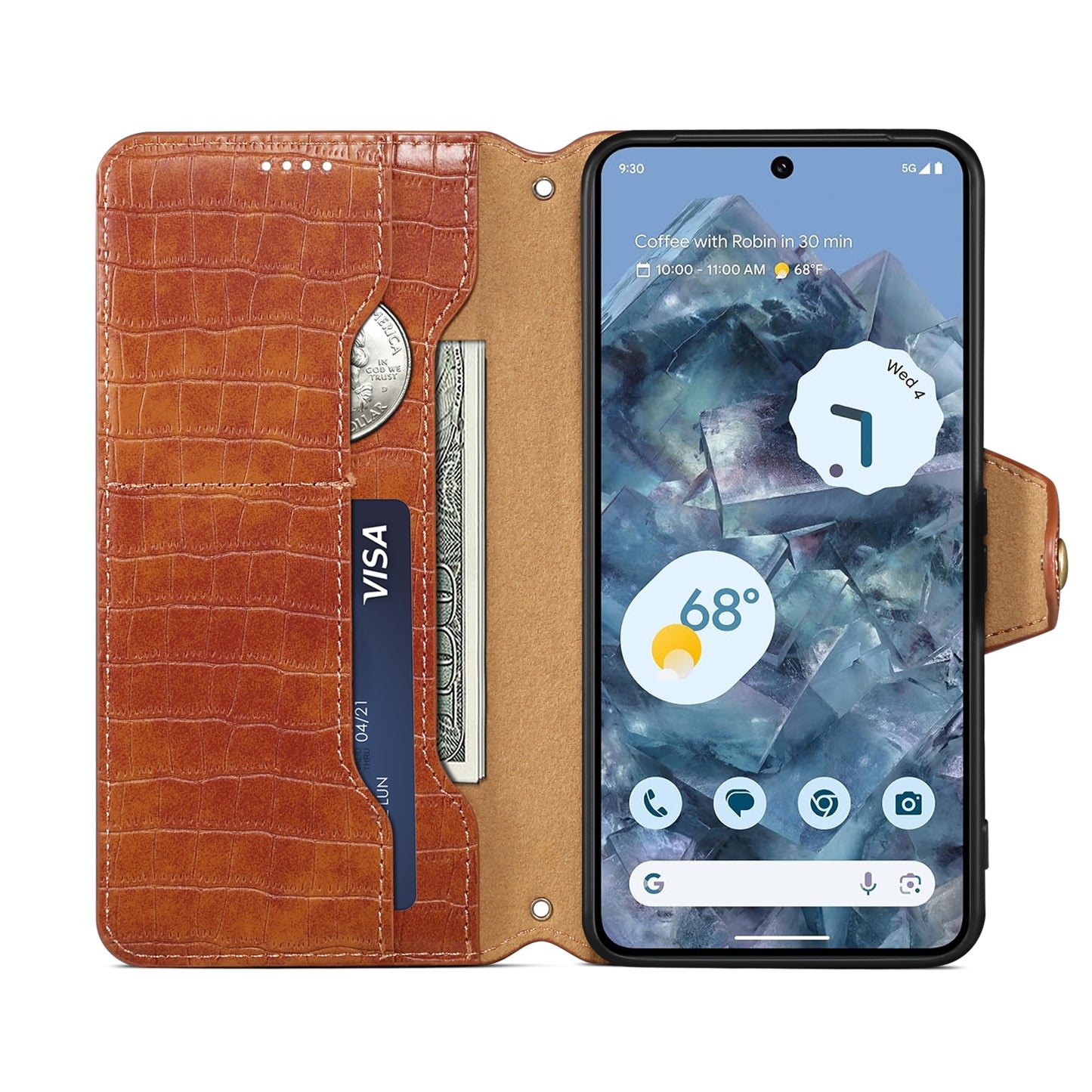 Google Pixel 8 Denior Leather Case - Crocodile Texture with Oil Edge, Wallet & Kickstand Features