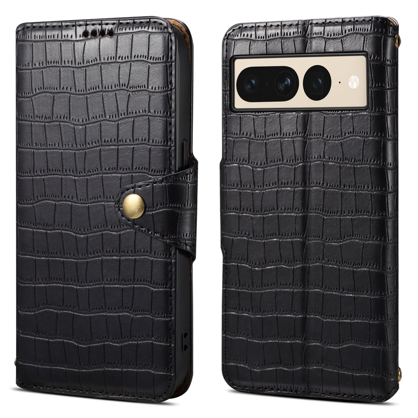 Google Pixel 7 Pro Denior Leather Case - Crocodile Texture with Oil Edge, Wallet & Kickstand Features