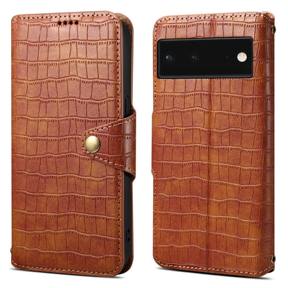 Google Pixel 6 Denior Leather Case - Crocodile Texture with Oil Edge, Wallet & Kickstand Features