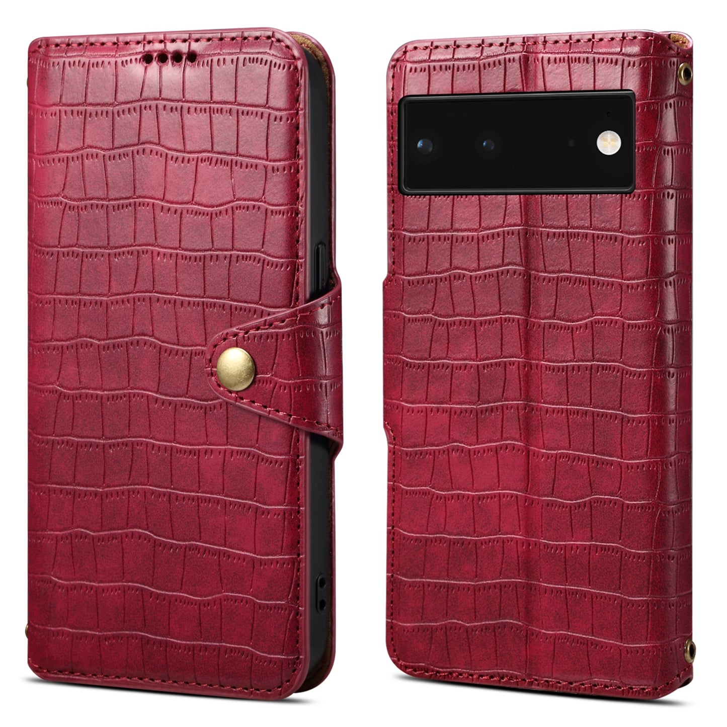 Google Pixel 6 Denior Leather Case - Crocodile Texture with Oil Edge, Wallet & Kickstand Features