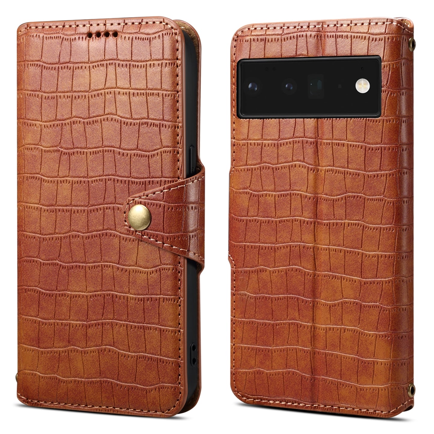 Google Pixel 6 Pro Denior Leather Case - Crocodile Texture with Oil Edge, Wallet & Kickstand Features