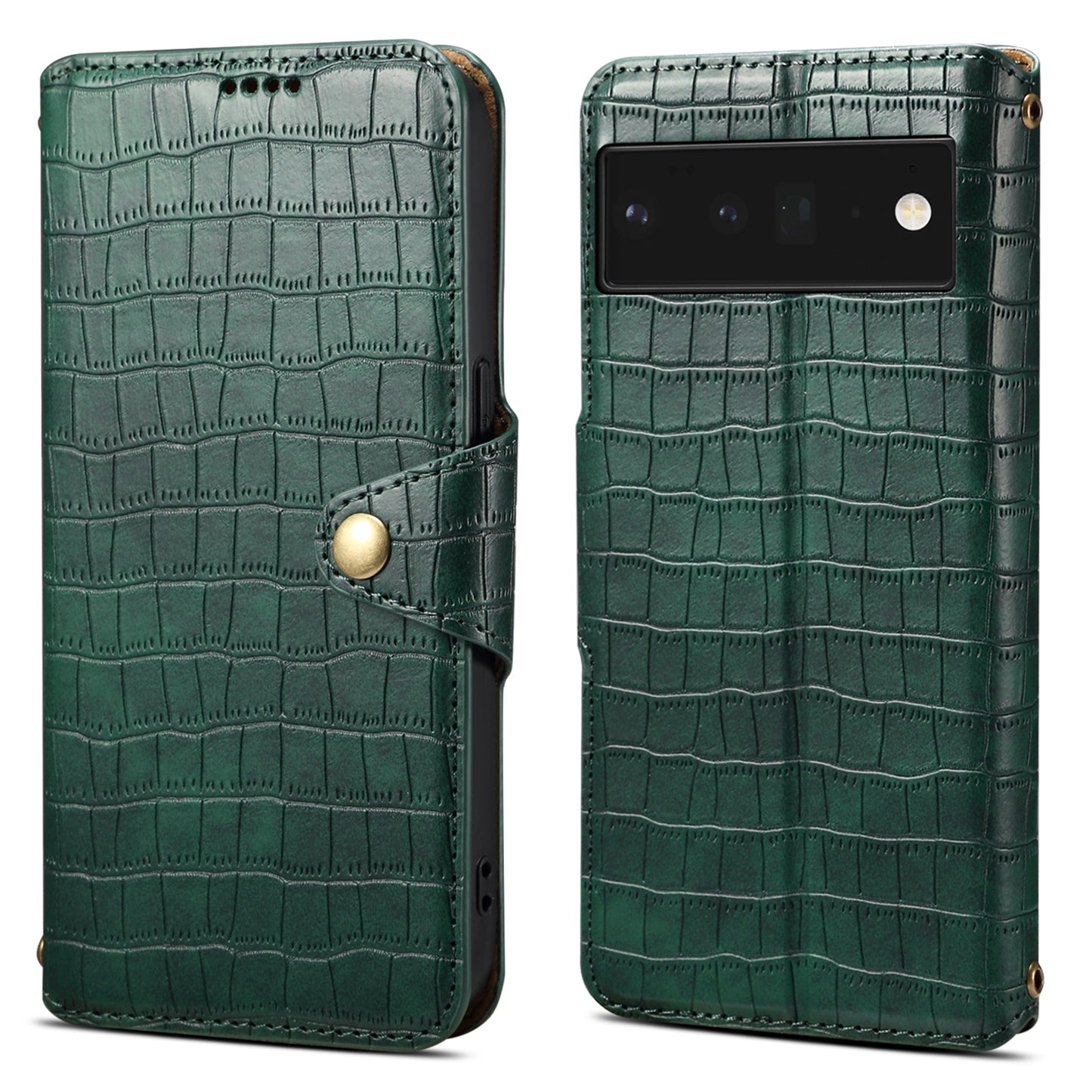 Google Pixel 6 Pro Denior Leather Case - Crocodile Texture with Oil Edge, Wallet & Kickstand Features