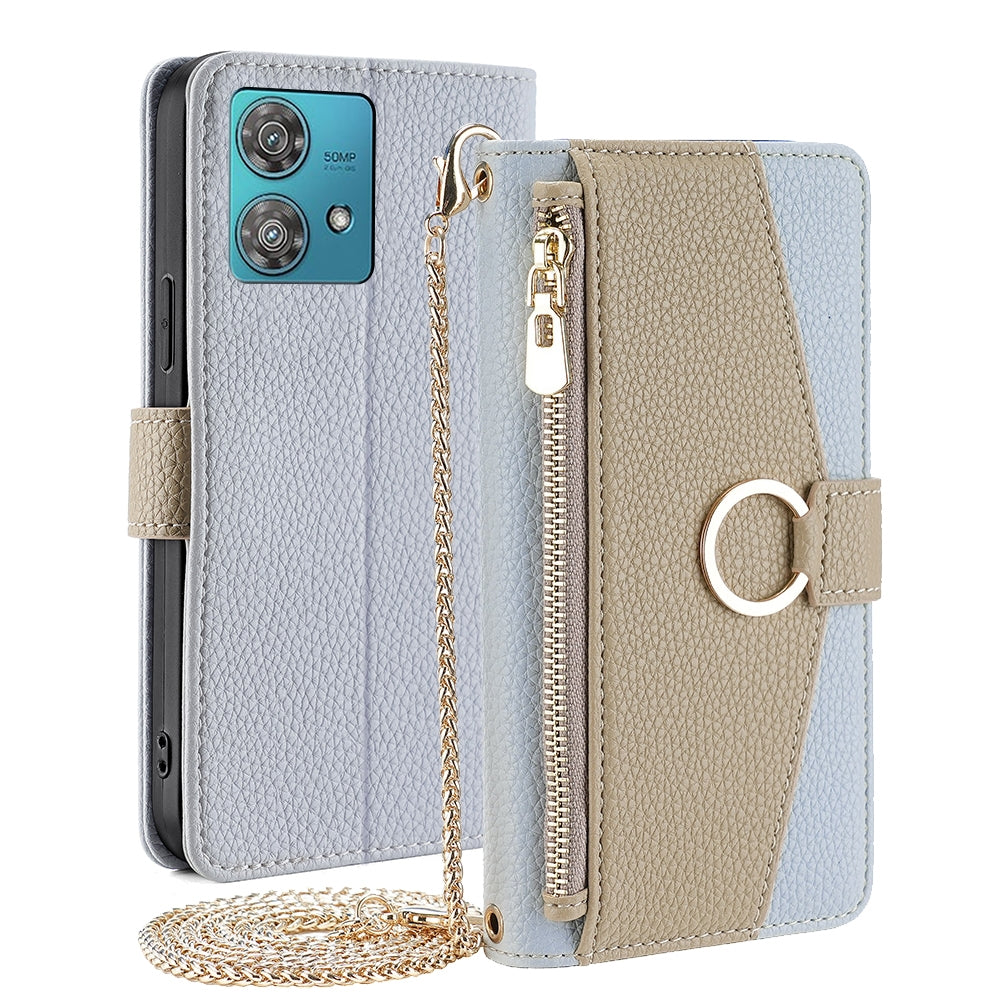 Motorola Edge 40 Neo 5G Crossbody Phone Case with Litchi Texture Leather, Adjustable Kickstand, Card Slots, Zipper Purse, Makeup Mirror, and TPU Protection