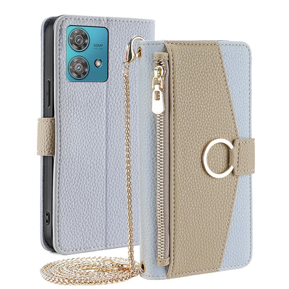 Motorola Edge 40 Neo 5G Crossbody Phone Case with Litchi Texture Leather, Adjustable Kickstand, Card Slots, Zipper Purse, Makeup Mirror, and TPU Protection