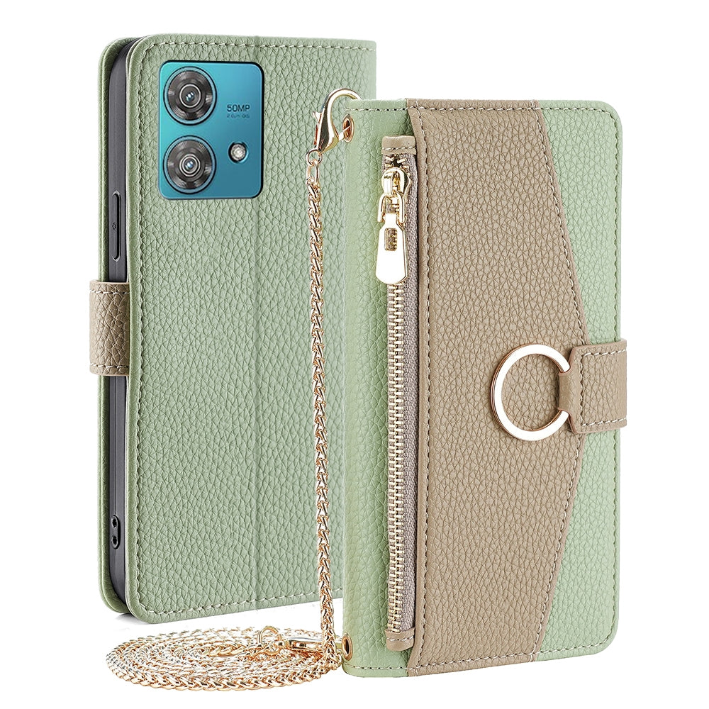 Motorola Edge 40 Neo 5G Crossbody Phone Case with Litchi Texture Leather, Adjustable Kickstand, Card Slots, Zipper Purse, Makeup Mirror, and TPU Protection