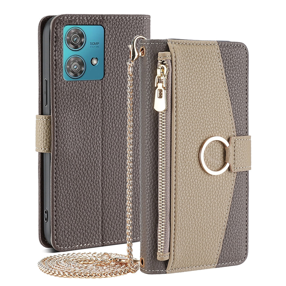 Motorola Edge 40 Neo 5G Crossbody Phone Case with Litchi Texture Leather, Adjustable Kickstand, Card Slots, Zipper Purse, Makeup Mirror, and TPU Protection
