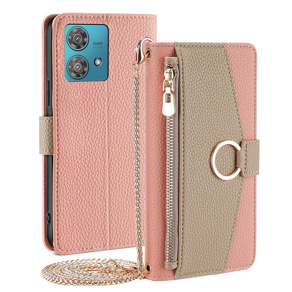 Motorola Edge 40 Neo 5G Crossbody Phone Case with Litchi Texture Leather, Adjustable Kickstand, Card Slots, Zipper Purse, Makeup Mirror, and TPU Protection