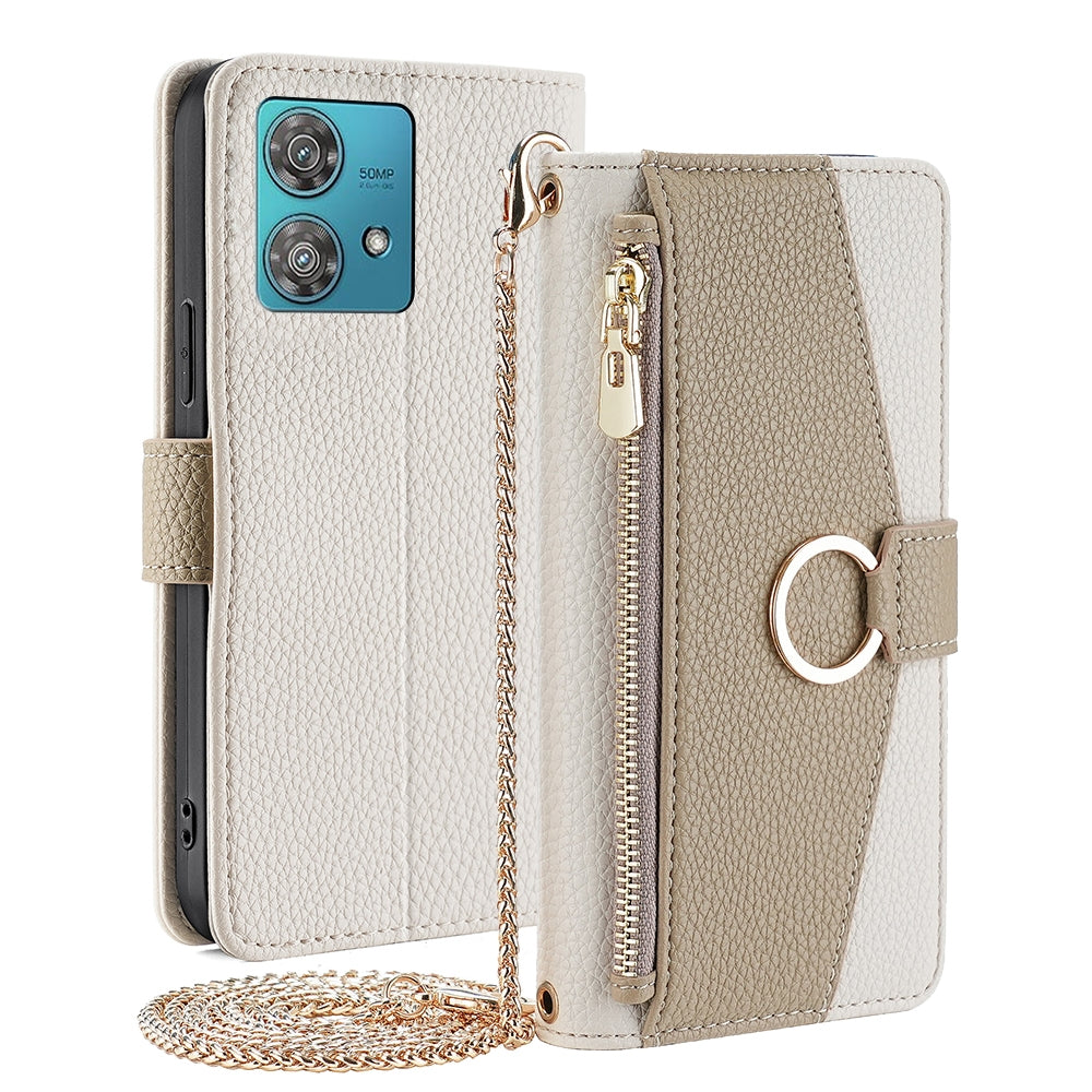 Motorola Edge 40 Neo 5G Crossbody Phone Case with Litchi Texture Leather, Adjustable Kickstand, Card Slots, Zipper Purse, Makeup Mirror, and TPU Protection