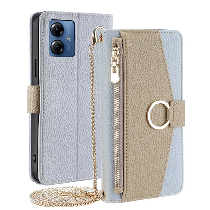 Motorola Moto G14 Crossbody Phone Case with Litchi Texture Leather, Adjustable Kickstand, Card Slots, Zipper Purse, Makeup Mirror, and TPU Protection