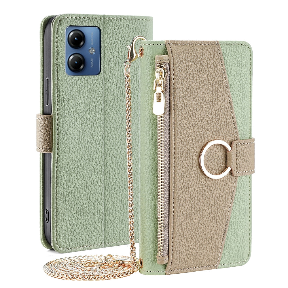 Motorola Moto G14 Crossbody Phone Case with Litchi Texture Leather, Adjustable Kickstand, Card Slots, Zipper Purse, Makeup Mirror, and TPU Protection