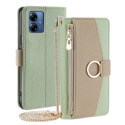 Motorola Moto G14 Crossbody Phone Case with Litchi Texture Leather, Adjustable Kickstand, Card Slots, Zipper Purse, Makeup Mirror, and TPU Protection