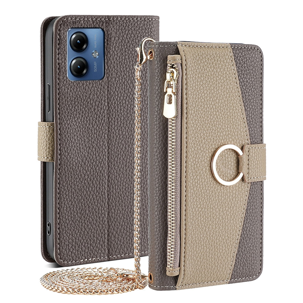 Motorola Moto G14 Crossbody Phone Case with Litchi Texture Leather, Adjustable Kickstand, Card Slots, Zipper Purse, Makeup Mirror, and TPU Protection
