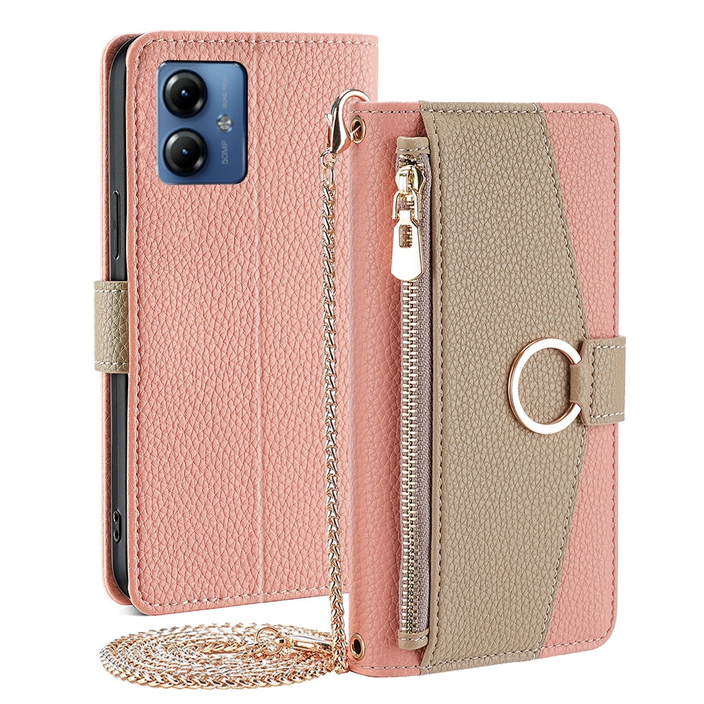 Motorola Moto G14 Crossbody Phone Case with Litchi Texture Leather, Adjustable Kickstand, Card Slots, Zipper Purse, Makeup Mirror, and TPU Protection