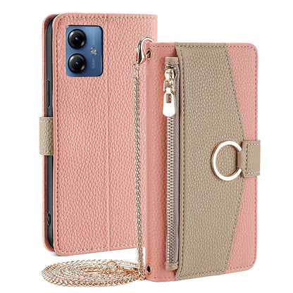 Motorola Moto G14 Crossbody Phone Case with Litchi Texture Leather, Adjustable Kickstand, Card Slots, Zipper Purse, Makeup Mirror, and TPU Protection