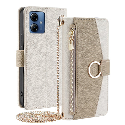 Motorola Moto G14 Crossbody Phone Case with Litchi Texture Leather, Adjustable Kickstand, Card Slots, Zipper Purse, Makeup Mirror, and TPU Protection