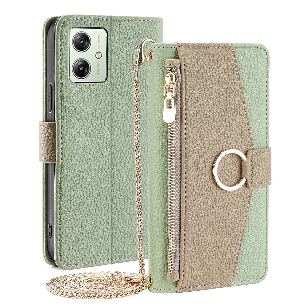 Motorola Moto G54 5G EU Version Crossbody Phone Case with Litchi Texture Leather, Adjustable Kickstand, Card Slots, Zipper Purse, Makeup Mirror, and TPU Protection