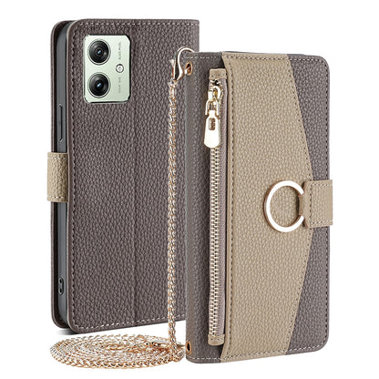 Motorola Moto G54 5G EU Version Crossbody Phone Case with Litchi Texture Leather, Adjustable Kickstand, Card Slots, Zipper Purse, Makeup Mirror, and TPU Protection
