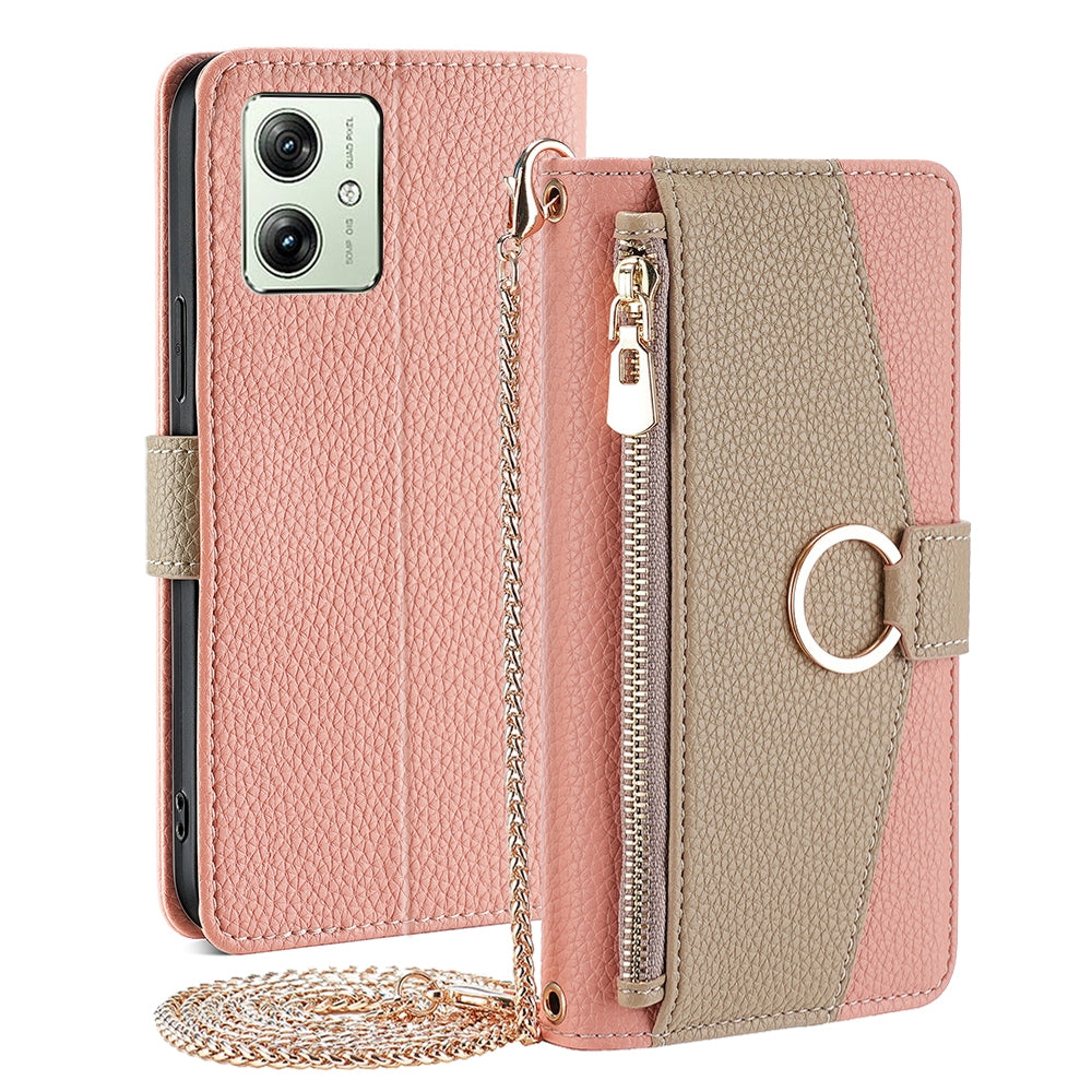 Motorola Moto G54 5G EU Version Crossbody Phone Case with Litchi Texture Leather, Adjustable Kickstand, Card Slots, Zipper Purse, Makeup Mirror, and TPU Protection
