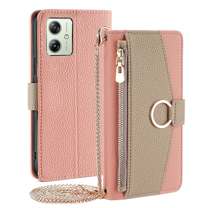 Motorola Moto G54 5G EU Version Crossbody Phone Case with Litchi Texture Leather, Adjustable Kickstand, Card Slots, Zipper Purse, Makeup Mirror, and TPU Protection