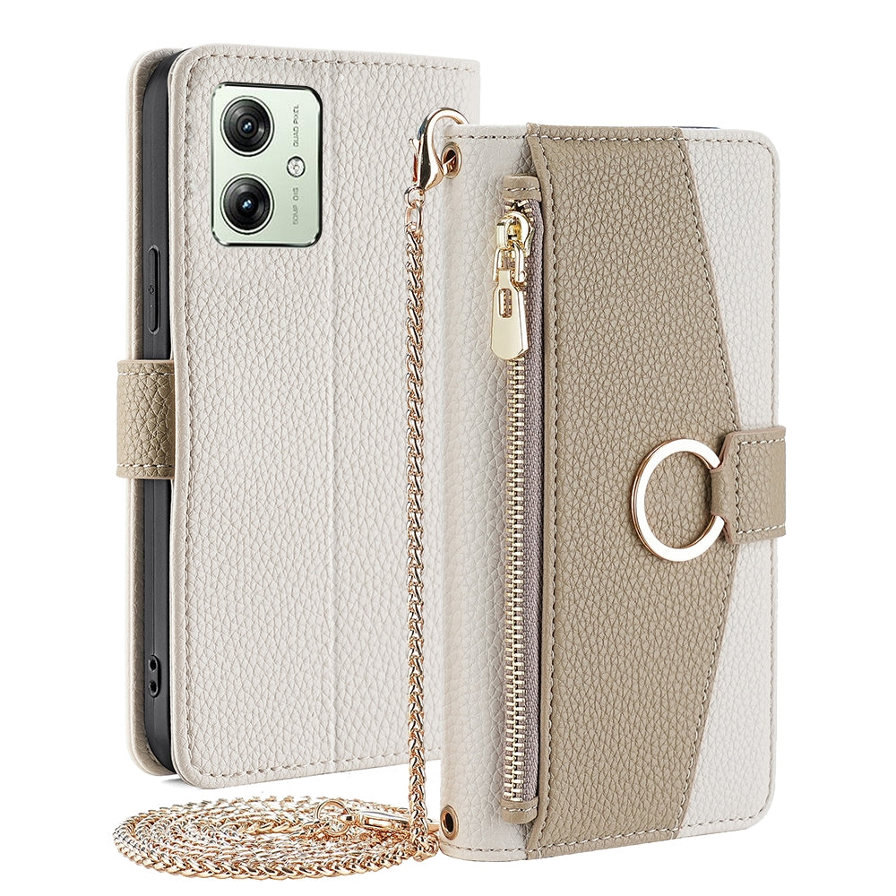 Motorola Moto G54 5G EU Version Crossbody Phone Case with Litchi Texture Leather, Adjustable Kickstand, Card Slots, Zipper Purse, Makeup Mirror, and TPU Protection
