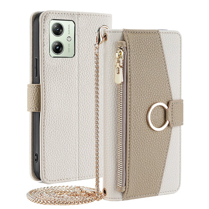 Motorola Moto G54 5G EU Version Crossbody Phone Case with Litchi Texture Leather, Adjustable Kickstand, Card Slots, Zipper Purse, Makeup Mirror, and TPU Protection