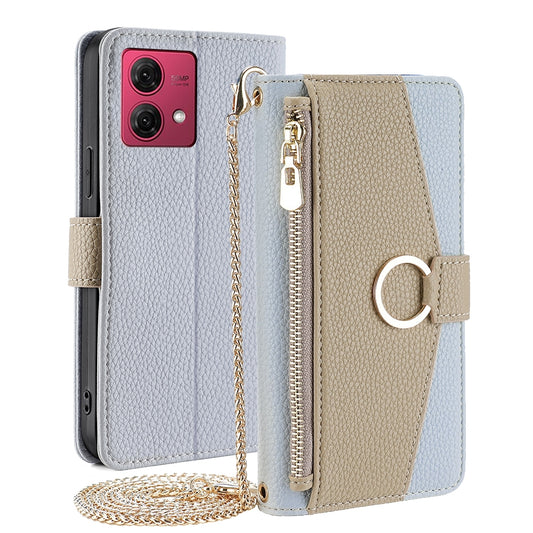 Motorola Moto G84 5G Crossbody Phone Case with Litchi Texture Leather, Adjustable Kickstand, Card Slots, Zipper Purse, Makeup Mirror, and TPU Protection