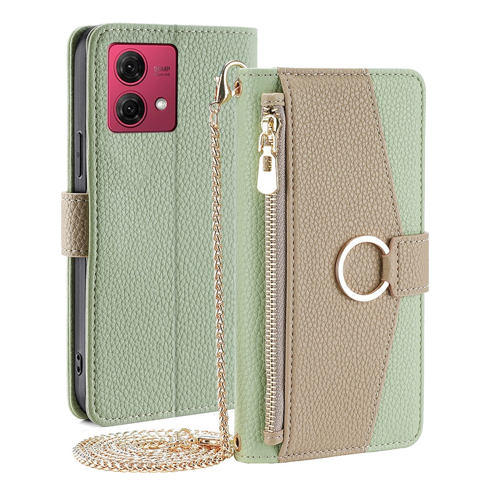 Motorola Moto G84 5G Crossbody Phone Case with Litchi Texture Leather, Adjustable Kickstand, Card Slots, Zipper Purse, Makeup Mirror, and TPU Protection