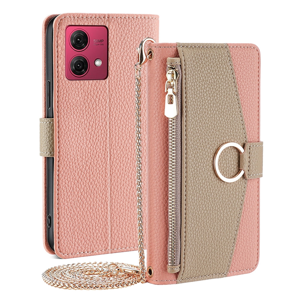 Motorola Moto G84 5G Crossbody Phone Case with Litchi Texture Leather, Adjustable Kickstand, Card Slots, Zipper Purse, Makeup Mirror, and TPU Protection