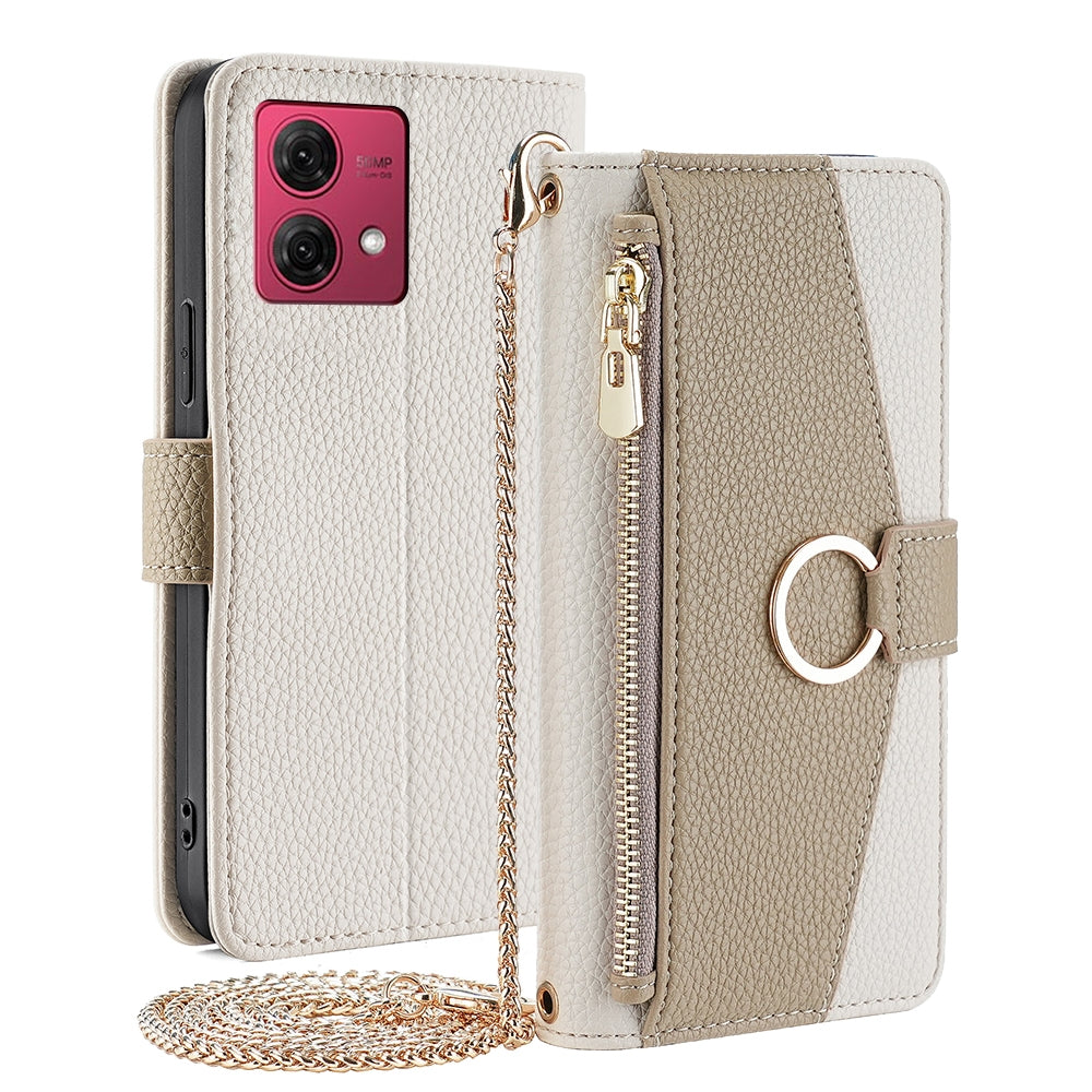 Motorola Moto G84 5G Crossbody Phone Case with Litchi Texture Leather, Adjustable Kickstand, Card Slots, Zipper Purse, Makeup Mirror, and TPU Protection