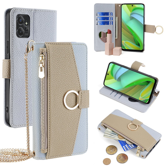 Motorola Moto G Power 2023 Crossbody Phone Case with Litchi Texture Leather, Adjustable Kickstand, Card Slots, Zipper Purse, Makeup Mirror, and TPU Protection