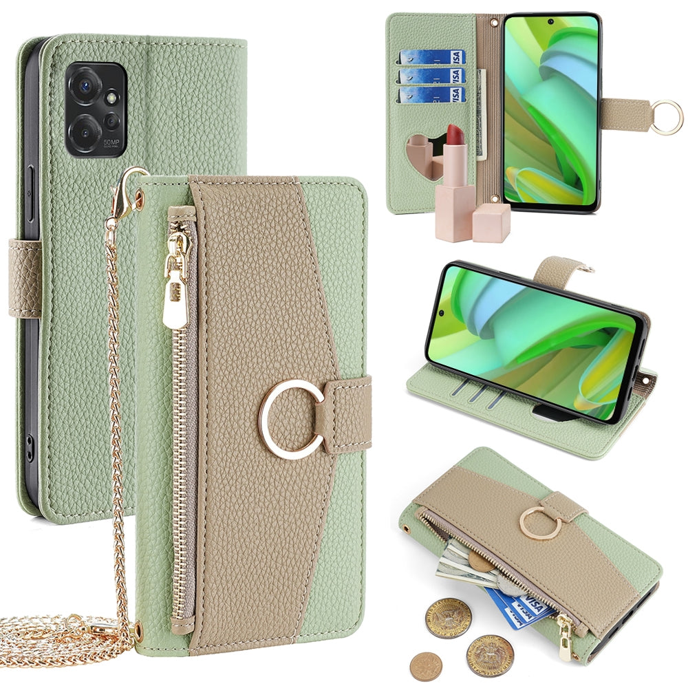 Motorola Moto G Power 2023 Crossbody Phone Case with Litchi Texture Leather, Adjustable Kickstand, Card Slots, Zipper Purse, Makeup Mirror, and TPU Protection